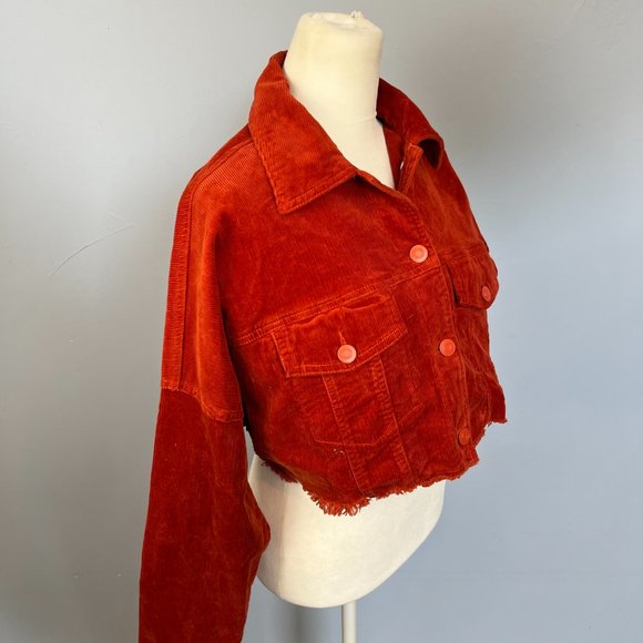 Shinestar Corduroy Cropped Jacket Burnt Orange with Fringe Hem Size S - Picture 2 of 8